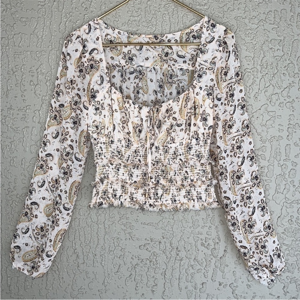 Free People Floral Paisley Smocked Crop Blouse Boho Lolita Top XS - Picture 3 of 12